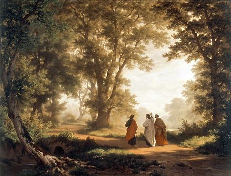 Biblical Art | Annointing The Road To Emmaus, Road To Emmaus, Scenery Art, Maria Magdalena, Biblical Art, Bible Art, Christian Art, Oil Painting Landscape, Art Google