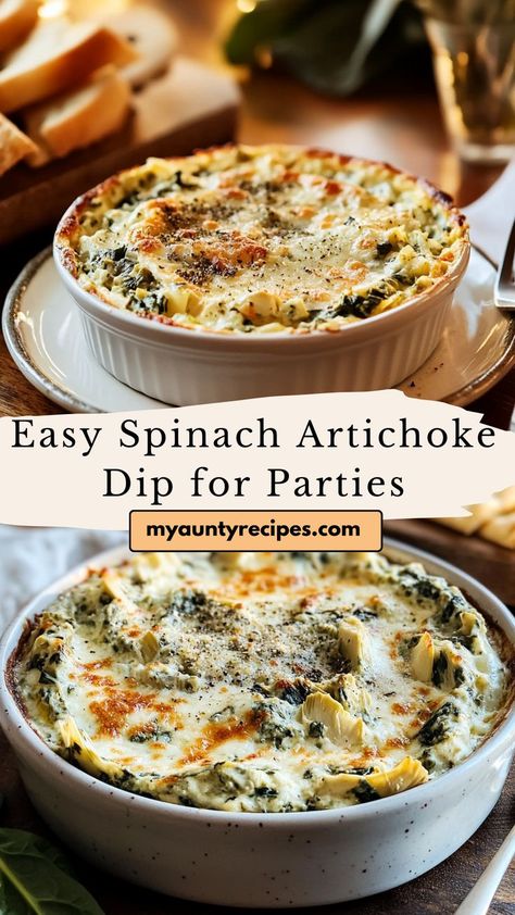 Whip up this Easy Spinach Artichoke Dip for your next party! Packed with spinach, artichokes, and melted cheese, this creamy dip is a crowd-pleaser. Serve warm with tortilla chips, bread, or veggies for an irresistible appetizer that’s perfect for any occasion. It’s simple to prepare and always disappears fast! Spinach Artichoke Dip Without Cream Cheese, Spinach Dip Wreath Holidays, Spinach Artichoke Dip Oven Baked, What To Serve With Spinach Artichoke Dip, Artichoke Dip Without Spinach, Spinach Artichoke Rolls, Warm Artichoke Spinach Dip, Recipe For Spinach Artichoke Dip, Simple Artichoke Recipes