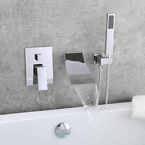 Black Bathtub Faucet, Waterfall Tub Faucet, Modern Waterfall, Wall Mount Tub Faucet, Contemporary Shower, Waterfall Wall, Chrome Bathroom, Tub Spout, Bath Faucet