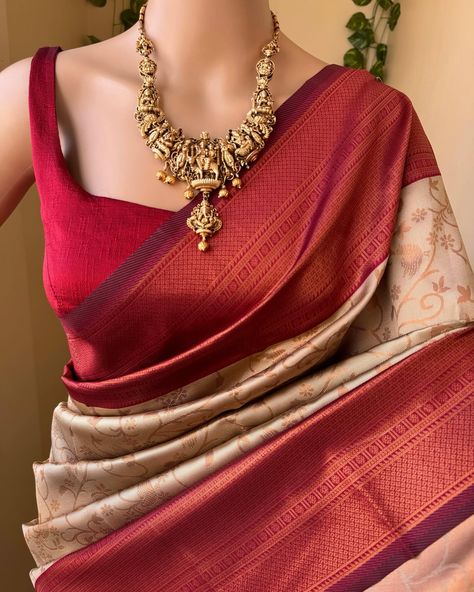 Www.thejacouture.in> silk sarees> Ivory art silk saree. Ivory art silk saree with contrast reddish maroon border. Comes with copper gold zari design all over saree and pallu with contrast blouse . Blouse : 80cm Wash care: Normal wash. Jewellery: @elegant_fashion6095 #ivorysaree #artsilk #saree #sareelove #indiantradition #silksarees #uniquecombination #instagramsarees #onlineshopping Maroon Silk Saree Contrast Blouse, Marron Saree With Contrast Blouse, Copper Saree, Jewellery Elegant, Maroon Saree, Art Silk Sarees, Saree Trends, Diamond Jewelry Designs, Contrast Blouse