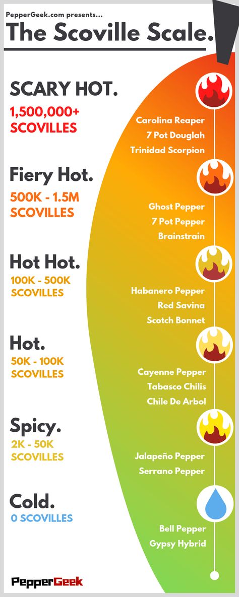 The Scoville Scale rates the spiciness of peppers. The unit is the "Scoville Heat Unit" and ranges from 0 to 2,200,000 and higher. See more at PepperGeek.com  #spicyfood #hotpeppers #peppers #scovillescale #scovilles #scale Scoville Pepper Scale, Pepper Scale, Scoville Scale, Growing Hot Pepper, Ghost Pepper, Hot Sauce Recipes, Seasoning And Spice, Carolina Reaper, Scandinavian Food