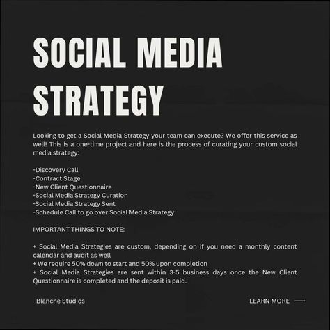 A Guide to Our Services at Blanche Studios Our Social Media Marketing Agency offers the following services: + Full-Service Social Media Management + Content Creation + Social Media Strategy & Audits + Custom Content Calendars + Monthly Strategy Calls Swipe to see more information about the services Volume One Studios offers If you have any further questions or you're ready to work with us, click the in our bio. We can't wait to meet you! #socialmediamarketingagency #socialmediamarketingm... Social Media Manager Bio Ideas, Creative Strategy, Marketing Agency Social Media, Social Media Management Business, Social Media Content Strategy, Social Media Agency, Social Media Strategist, Social Media Advertising Design, Business Automation