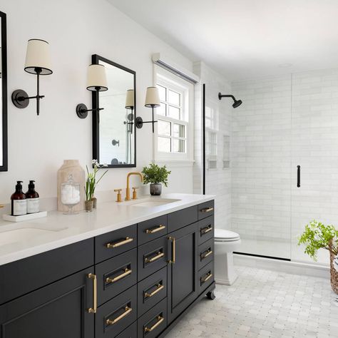 Bathroom Inspo Black Hardware, Master Bath Ideas Black And White, Master Bath Black Vanity, Bathroom With Black Cabinets, Mcgee And Co Bathroom, Black And Brass Bathroom, Black Cabinets Bathroom, Black Bathroom Vanity, Mcgee And Co