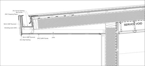 Roof Eaves Detail, Hidden Gutter Detail, Eave Detail, Skylight Detail, Roof Eaves, Roof Skylight, Zinc Roof, Sips Panels, Roofing Ideas