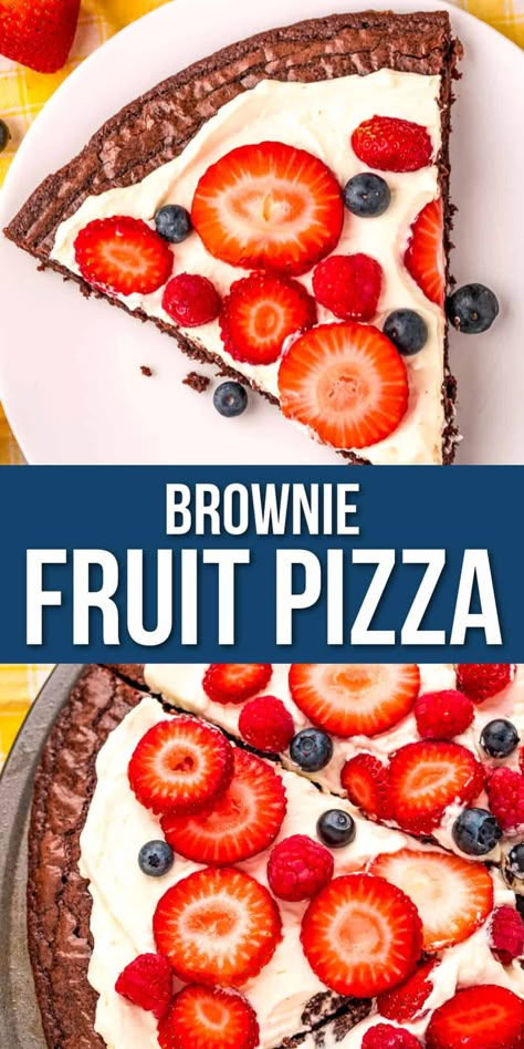 Brownie Fruit Pizza combines a fudgy brownie crust with sweet whipped cream cheese and fresh berries for a fun, fresh dessert that everyone in the family will love. It’s an easy way to upgrade the boxed brownie mix that’s been sitting in your pantry and you can make it your own by switching up the toppings. Fruit Pizza Brownie Crust, Brownie Fruit Pizza Recipe, Brownie Fruit Pizza With Cream Cheese, Pampered Chef Brownie Pizza, Pizza Night Dessert, Brownie Pizza Ideas, Brownies With Fruit, Brownie Pizza Dessert, Easter Fruit Pizza