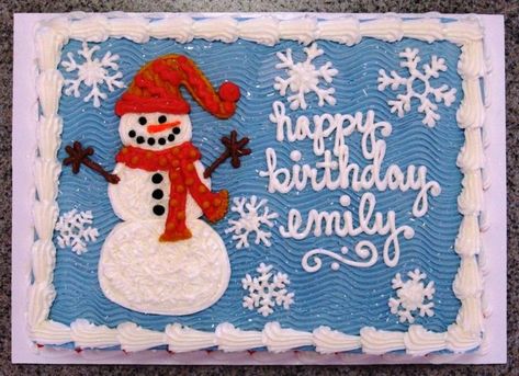 Snowman And Snowflakes Birthday Cake 1/4 sheet, buttercream icing Snowman Sheet Cake, Snowman Birthday Cake, Snowman Cakes, Christmas Birthday Cake, Winter Cakes, Christmas Cookie Cake, Sheet Cake Designs, Snowflake Cake, Snowman Cake