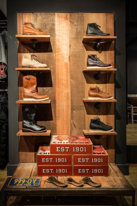 Schott NYC 236 Elizabeth st - Chippewa Display, via A Continuous Lean. Love the boot on the top left. Retail Wall Displays, Display Visual Merchandising, Shoes Wall, Shoe Store Design, Shop Shelving, Shoe Wall, Interior Vintage, Shop Window Design, 아파트 인테리어