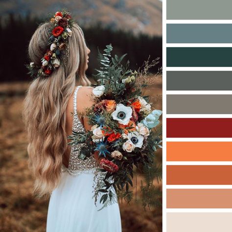 Woodsy Wedding Colors, Misty Canyon Wedding Colors, Woods Wedding Colors, August Mountain Wedding Colors, Boho Winter Wedding Color Schemes, Summer Western Wedding Colors, Wedding Colors For Redhead Bride, Mountain Wedding Color Scheme, Spring Western Wedding Colors