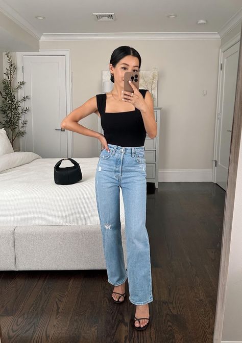 Levi's straight ankle jeans reformation tank petite Straight Levis Jeans Outfit, Ankle Jeans Outfit Summer, Ankle Straight Jeans Outfit, Neutrals Wardrobe, Reformation Outfits, Layla Aesthetic, Ankle Jeans Outfit, Jeans Reformation, Levi Jeans Outfit