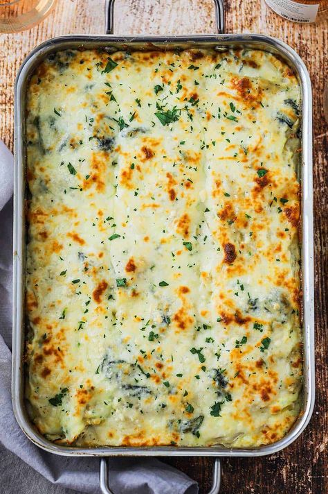 An overhead view of white chicken lasagna with spinach that has been fully cooked and lightly browned on top. Lasagna With Chicken, White Lasagna Recipe, Chicken Spinach Mushroom, Lasagna With Spinach, Chicken Spinach Lasagna, Spinach Mushroom Lasagna, Chicken Lasagna Recipe, White Chicken Lasagna, White Lasagna