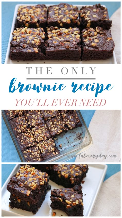 Happy National Brownie Day! Click or visit FabEveryday.com for the easy fail-proof recipe to join in the celebration by making my Classic Brownies (with or without nuts). It’s the last brownie recipe you’ll ever need! Be sure to pin this one to your dessert and menu planning boards. #brownie #brownies #recipe #recipes #easyrecipe #easyrecipes #dessert #desserts #dessertrecipe #dessertrecipes #cocoa #cocoapowder #baking #easydessert #chocolatelover #darkchocolate #walnuts #fabfood Boxed Brownie Recipes, Basic Brownie Recipe, National Brownie Day, Classic Brownies, Classic Brownies Recipe, Homemade Brownies Easy, Best Brownie Recipe, Brownies Recipe Homemade, Low Carb Brownies