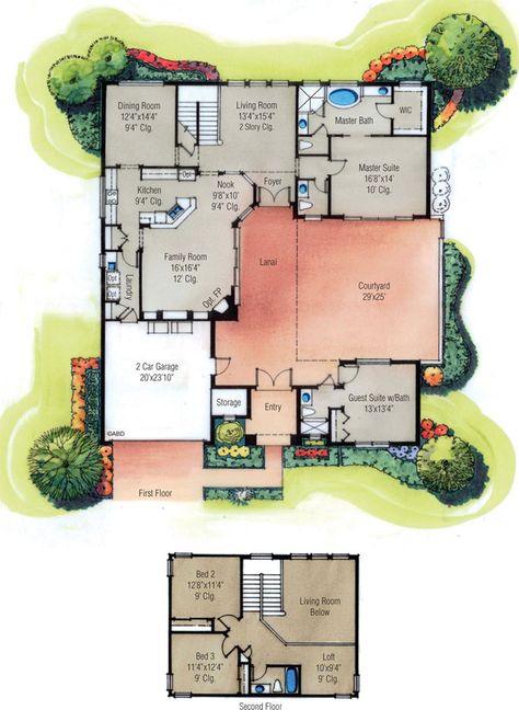 The Courtyard II Floorplan Hacienda House Plans, Mexican House Plans, House Plans With Courtyard, U Shaped House Plans, U Shaped Houses, Retirement House Plans, Pool House Plans, Courtyard House Plans, Presentation Ideas