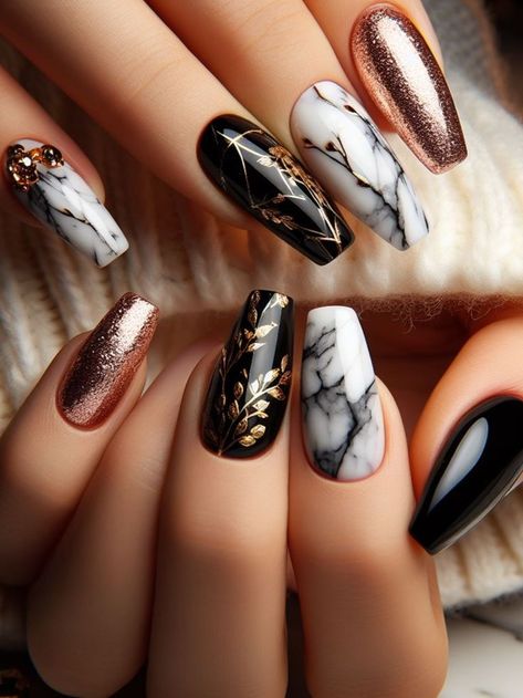 A chic black and white nail design with marble accents and gold foil detailing, creating a luxurious and sophisticated appearance Black Gold White Nails, Black And Gold Marble Nails, White And Gold Marble Nails, Black White And Gold Nails, Black And White Marble Nails, White Spring Nails, Black And White Nail Design, White Nail Design, Black Marble Nails