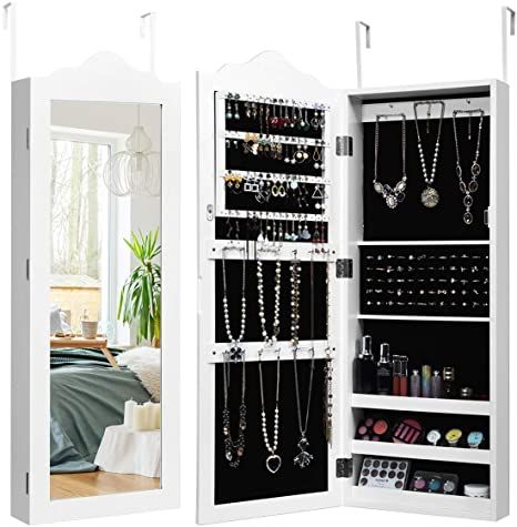 Amazon.com: Giantex Wall Door Mounted Jewelry Armoire with Full Length Mirror, Bedroom Bathroom Hanging Jewelry Cabinet Chest with 56 Ring Slots 23 Necklace Hooks 72 Ring Slots Deep Storage Organizer, White : Clothing, Shoes & Jewelry Full Length Mirror With Storage, Rustic Full Length Mirror, Hanging Jewelry Storage, Jewelry Storage Cabinet, Armoire Storage, Mirrored Armoire, Necklace Hooks, Deep Storage, Mirror Jewelry Storage