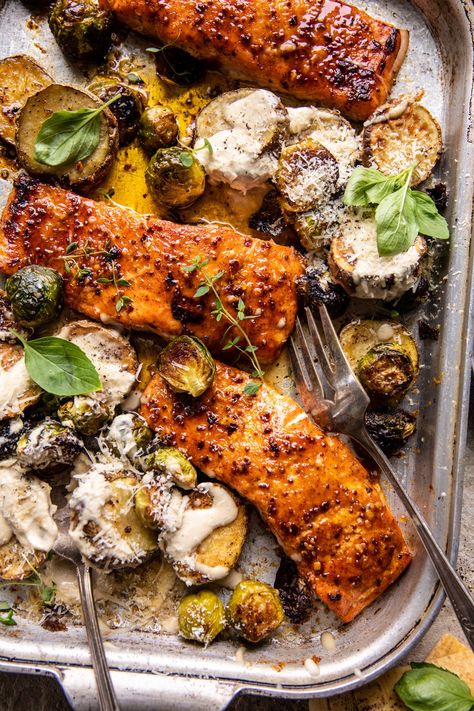 Sheet Pan Honey Mustard Salmon with Caesar Roasted Potatoes | halfbakedharvest.com Salmon And Roasted Potatoes, Meals With Roasted Potatoes, Half Baked Harvest Salmon, Sheet Pan Honey Mustard Salmon, Salmon Sheet Pan Dinner, Salmon And Potatoes, Salmon Dinner Ideas, Sheet Meals, Sheet Pan Salmon