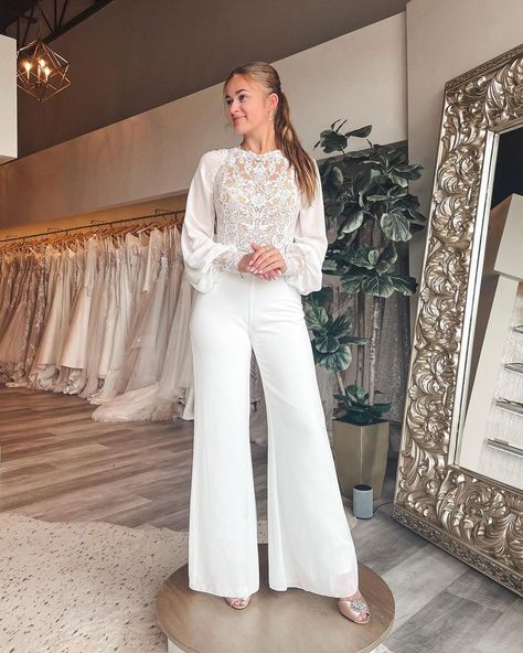 It’s a JUMPSUIT. 🤍 Only here through the rest of this week for our @libellebridal and @onestyledbride trunk show! | Instagram White Suits For Women Engagement, Jumpsuit White Outfit, Jumpsuit White Wedding, White Classy Jumpsuit, Jumpsuits For Hijab Women, Engagement Jumpsuit Hijab, Jumpsuit With Hijab, Dresses For Katb Ketab, Party Jumpsuits For Women Classy