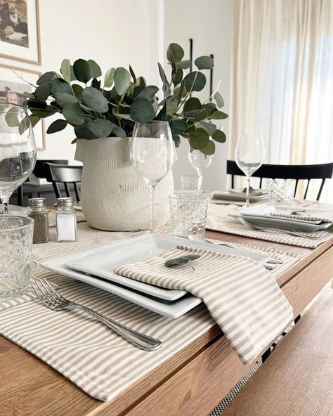 arielle | beydin design on Instagram: "So excited to share these beautiful new table top pieces with you from Lush Decor Home! I am so in love with the Ticking Stripe Yarn Dyed collection, it is a perfect neutral pattern that can be a great addition to any dining table!👌🏼 I have to admit I have never had a fully styled dining table before and I am so in love with it, I don’t want to move a thing! Who wants to come for dinner??👍🏼 . . And it gets even better! Use my code BEYDIN40 to get 40% of Timeless Farmhouse, Farmhouse Style Dining Room, Stylish Dining Room, Patterned Napkins, Top Decor, Lush Decor, Indoor Dining, The Farmhouse, Ticking Stripe