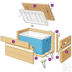 bonne idée Cool Woodshop Projects, Ice Cooler Ideas, Wooden Ice Chest, Deck Cooler, Cooler Table, Diy Patio Ideas, Balcon Mic, Wood Cooler, Wooden Cooler