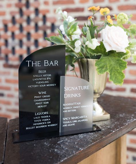 Black And White Bar Sign Wedding, Vinyl Acrylic Sign, Engagement Party Bar Sign, Engagement Party Bar, Black And White Engagement Party, Wedding Rehearsal Dinner Ideas, Acrylic Bar Sign, Signature Cocktail Drinks, Rehearsal Dinner Ideas