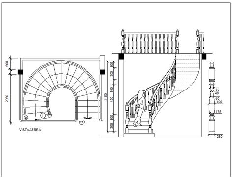 Semi-spiral type stairway detail view dwg file - Cadbull Spiral Staircase Architecture, Stair Detail Drawing, Staircase Plan, Spiral Staircase Plan, Spiral Staircase Design, U Shaped Stairs, Circular Staircase, Round Stairs, Learn Autocad