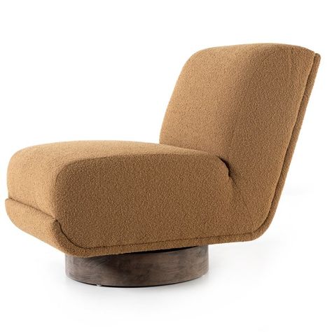 Living Room | BRONWYN SWIVEL CHAIR + TABLE Upholstered Swivel Chairs, Accent Seating, Swivel Chair Living Room, Swivel Recliner, Amber Brown, Upholstered Accent Chairs, Acrylic Legs, Swivel Accent Chair, Colored Fabric