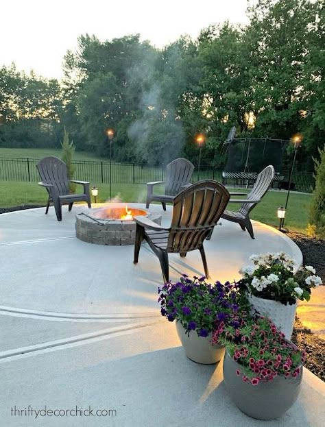 Outside Cement Patio Ideas, Backyard Concrete Floor Ideas, Patio Design With Grill Area, Concrete Patio Off Back Of House, Boat Parking In Yard, Backyard Firepits Concrete, Extending Roof Over Patio, Cement Back Patio, Poured Concrete Patio Ideas Backyards