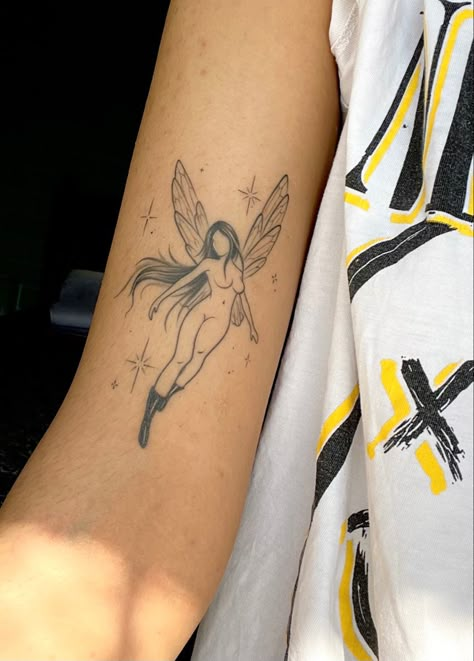 Fairy tattoo Anime Fairy Tattoo, Bad Fairy Tattoo, Flying Fairy Tattoo, Moon And Fairy Tattoo, Water Fairy Tattoo, Fairy Moon Tattoo, Fairy Dust Tattoo, Fairy Flower Tattoo, Moon Fairy Tattoo