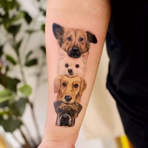 Mom And Dog Tattoo, 3 Dog Tattoo Ideas, Forearm Dog Tattoo Women, Multi Dog Tattoo, Dog Tattoo On Arm, Best Dog Tattoos, Multiple Dogs Tattoo, Multi Pet Tattoo, Multiple Dog Tattoo Ideas