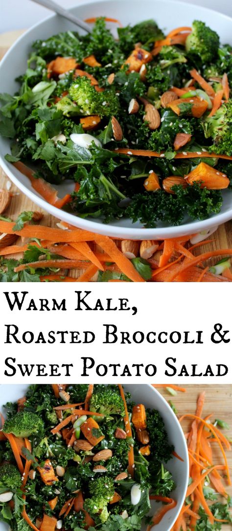 Warm Kale, Roasted Broccoli and Sweet Potato Salad with Sesame Vinaigrette. So good and healthy!! Detox Meals, Warm Salads, Sesame Vinaigrette, Endo Diet, Shrimp N Grits Recipe, Veggie Ideas, Sweet Potato Salad, Yummy Salads, Warm Salad