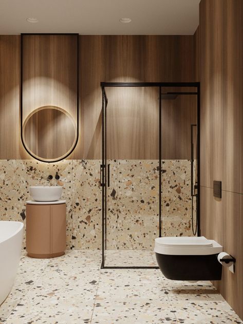 terrazzo bathroom | Interior Design Ideas Terrazzo Tile Bathroom, Terrazzo Bathroom Design, Bathroom Terrazzo, Terrazzo Bathroom, Terrazzo Tile, Wooden Bathroom, Toilet Design, Bathroom Design Decor, Bathroom Inspiration Decor