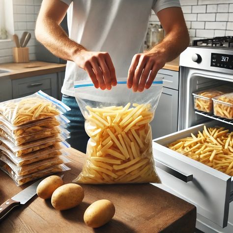 Homemade Frozen Fries, Freeze French Fries, Homemade Frozen French Fries, Frozen Fries In Oven, Freezing French Fries, Freezer French Fries, Freeze Potatoes How To, Freeze Potatoes, Freezing Homemade French Fries