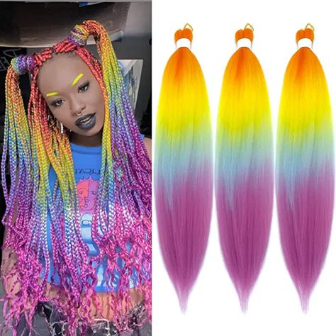 Ombre Braids For Kids, Colorful Braids For Kids, Rainbow Braids For Kids, Rainbow Hair Braids, Braiding Box Braids, Yellow Hair Color Ideas, Rainbow Hair Color Ideas, Straight Red Hair, Purple Box Braids