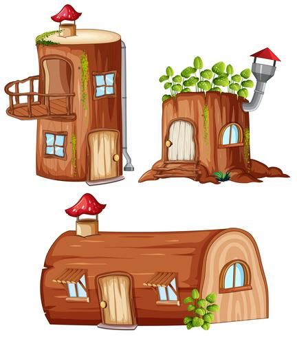 Set of enchanted wooden house Wooden House Illustration, Wooden Illustration, Illustration House, Fairytale House, House Cartoon, Gingerbread House Decorations, Portrait Cartoon, Watercolor Tree, Christmas Interiors