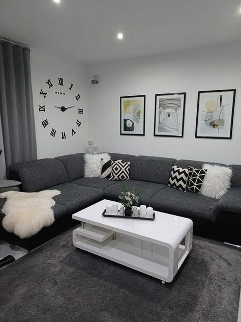 Black And Grey Aesthetic Living Room, White And Grey Sitting Room, Sitting Room Ideas With Grey Sofa, Black White And Grey Boho Living Room, Grey Carpet Living Room Decor, Sitting Room Couch, Grey Black And White Living Room Ideas Home Decor, Gray Sitting Room Ideas, Dark Grey Carpet Living Room Ideas