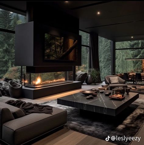 High Ceiling Living Room, Dark Living Rooms, Sunken Living Room, Black Interior Design, Dark House, Minimalist Kitchen Design, Dark Theme, Living Room Design Inspiration, Modern Mansion