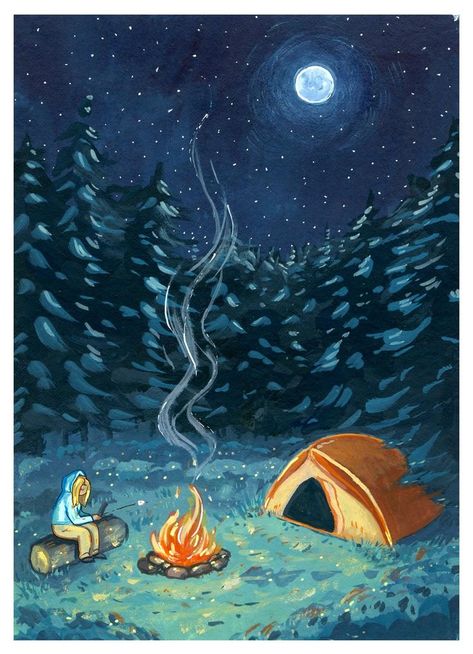 Forest Camping Drawing, Camping Watercolor Painting, Camping Drawing Illustrations, Camping Painting Easy, Campsite Painting, Campsite Drawing, Campsite Illustration, Clothesline Paintings, Camping Backdrop