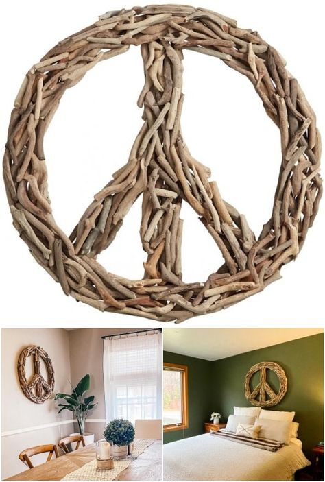 Driftwood Peace Sign | Driftwood Wall Decor Idea from Pottery Barn Driftwood Peace Sign Diy, Driftwood Peace Sign, Wooden Peace Sign Diy, Peace Sign Wall Decor, Diy Peace Sign, Wooden Peace Sign, Peace Sign Wall Art, Backyard Fence Decor, Natural Crafts