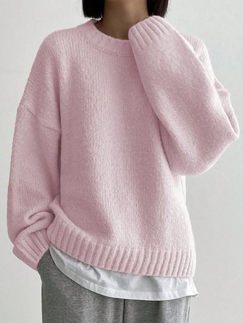 Pink Monochrome, Loose Jumper, Pull Rose, Pullover Mode, Winter Pullover, Estilo Chic, Loose Pullover, Women Street, Drop Shoulder Sweaters