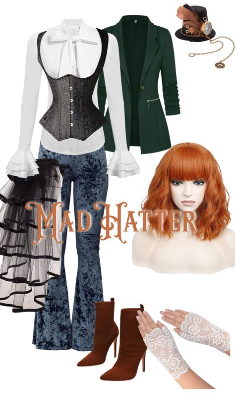 We’re all mad here! Mad Hatter Inspired Dress, Mad Hatter Theme Outfit, Female Mad Hatter Costume Diy, Mad Hatter Outfit Ideas Casual, Alice In Wonderland Inspired Outfits Casual, Mad Tea Party Outfit, Alice In Wonderland Outfit Ideas Modern, Mad Hatter Aesthetic Outfit, Mad Hatter Tea Party Outfit