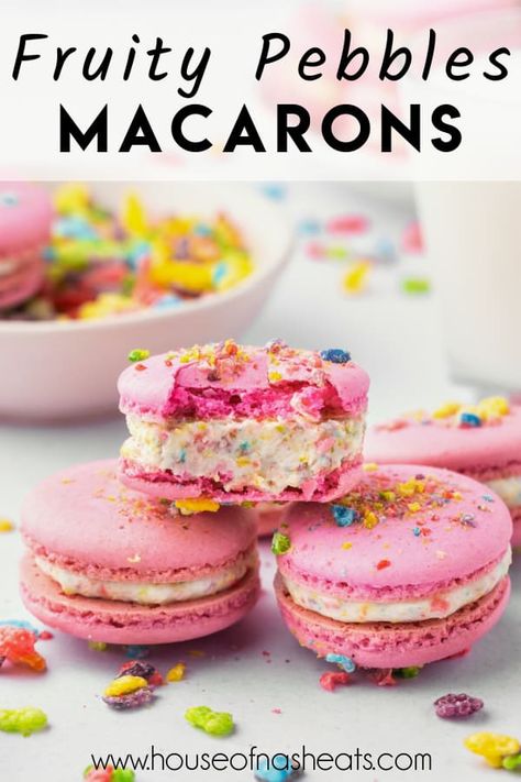 Fruity Pebble Macarons, Fruity Pebbles Macarons, Cereal Macarons, Fruity Pebbles Recipes, Fruity Pebbles Cake, Flavored Macarons, Summer Sleepover, Fruity Pebbles Treats, Macaron Ideas