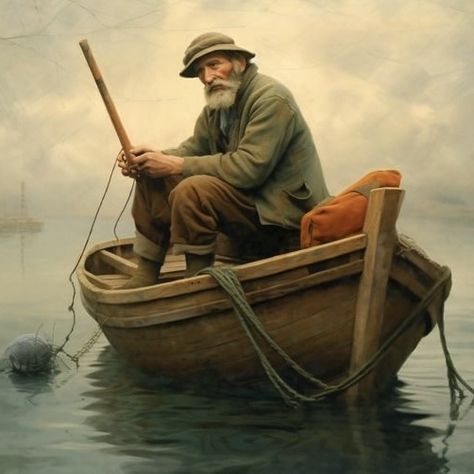 Old Fisherman Illustration, Fishing Boat Illustration, Fisherman Art, Old Man With Beard, Small Wooden Stool, Man Fishing, Old Fisherman, Boat Pose, Fishing Photography