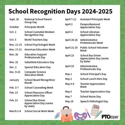 Fun National Holidays, Teacher Appreciation, Special Days and More (Free 2024-2025 Calendar) - PTO Today 24-25 School Appreciation Days, School Appreciation Days 24-25, New Principal Ideas, Pto Teacher Appreciation Ideas, School Appreciation Days, Pto Today, Sunshine Committee, Teacher Morale, School Volunteer