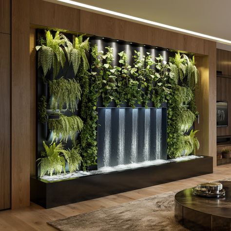 Waterfall vibes meet lush greenery. 💧🌱 #livingwall #natureinside Indoor Waterfall Living Rooms, Office Waterfall, Stolen Focus, Spa Bus, Front Yard Halloween, Painting Ideas Pumpkin, Makeover Living Room, Kitchen Decor On A Budget, Burgundy Christmas Decor