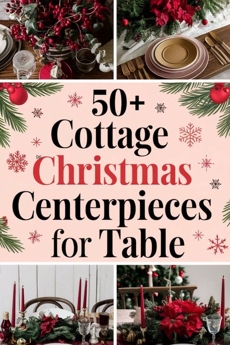 50+ Cottage Christmas Centerpieces for Table That Jingle All the Way to Pinterest Stardom Rustic Holiday Table Decor, Green And Red Christmas Table Decor, Old Fashioned Christmas Table Decor, Traditional Christmas Centerpieces, Christmas Floral Centerpieces Diy, Cottage Christmas Decor Ideas, Christmas Farmhouse Table Decor, Rustic Christmas Tablescapes, Vintage Christmas Table Decor