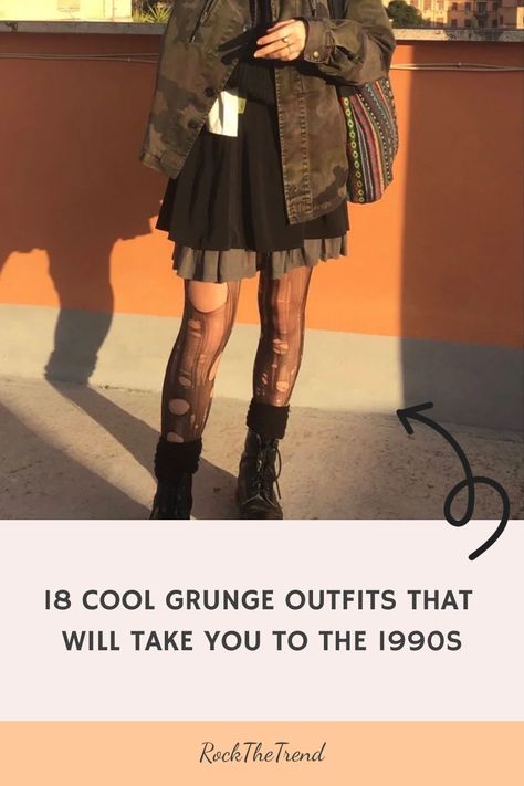 Person wearing grunge outfit, including a skirt, patterned tights, and boots, standing outside with the text, "18 Cool Grunge Outfits That Will Take You to the 1990s". 90s Grunge Party Outfit, Early 90s Grunge, Alternative Style Halloween Concert T-shirt, Women’s 90s Grunge, Green Grunge Outfit, Nirvana Halloween 1993, All Leather Outfit, Plaid Slip Dress, 90’s Grunge