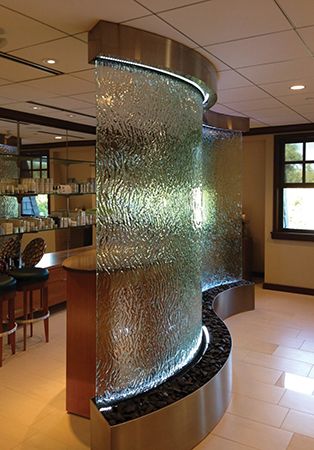 Glass Partition Designs, Water Fountain Design, Glass Partition Wall, Glass Waterfall, Water Curtain, Indoor Water Features, Nurses Station, Indoor Water Fountains, Contemporary Living Room Design