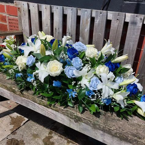 💙 Gorgeous blue and white Dad tribute and 4ft casket spray made for a lovely customer this week 💙 Casket Spray, Casket Sprays, Personalised Gifts, Personalized Gifts, Spray, Blue And White, Gifts, Blue, White