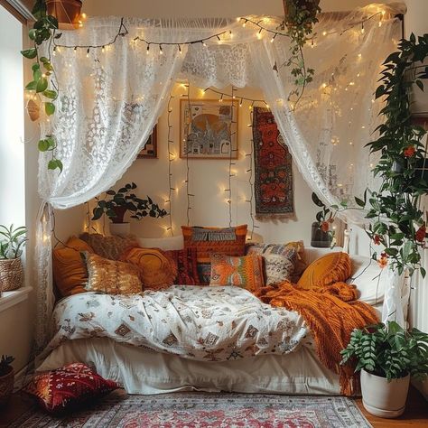 Bohemian rustic canopy bed draped with sheer white fabric in a warmly lit room, surrounded by vibrant pillows, lush indoor plants, and twinkling string lights. A tranquil and warm bedroom retreat showcasing eclectic decor. Middle Eastern Bedroom, Bed Against Wall, Canopy Bed Diy, Interior Design Principles, Sustainable Interior Design, Starting Fresh, Tranquil Bedroom, Native American Decor, Popular Interior Design