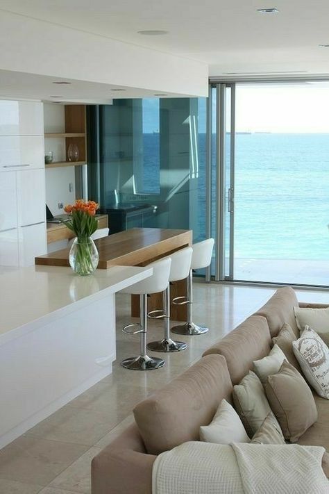 Modern White Beach House, Miami Beach Apartment, Beach Apartment Decor, White Beach House, Ocean View Apartment, Miami Apartment, Beach House Style, Modern Beach House, Condo Living