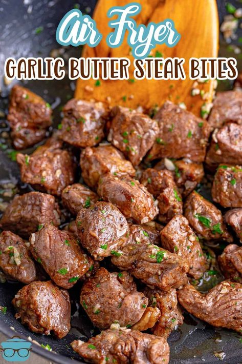 Air Fryer Garlic Butter Steak Bites - The Country Cook Round Steak Air Fryer Recipes, Garlic Stake Bits, Air Fryer Garlic Butter Steak Bites, Steak Bites With Garlic Butter Air Fryer, Easy Keto Air Fryer Recipes, Air Fryer Steak Bites Recipes, Chefman Air Fryer Recipes, Steak Bites In Air Fryer, Steak Bites With Garlic Butter